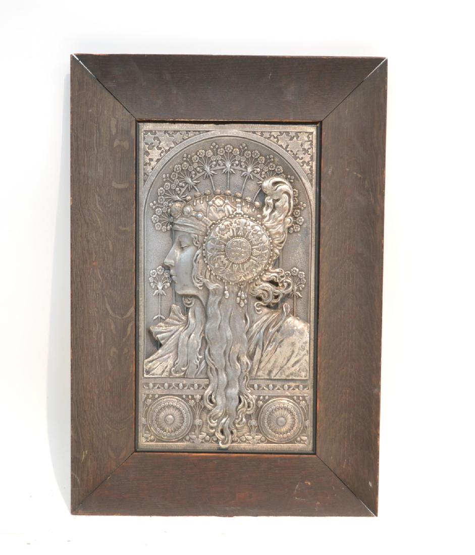 ART NOUVEAU ALPHONSE MUCHA GIRL RELEIF PLAQUE: DEPICTING BEAUTIFUL ART NOUVEAU GIRL WITH HAT & FLOWING HAIR IN RAISED RELEIF SILVERED METAL , ATTRIBUTED TO ALPHONSE MUCHA - 9" x 16" , 15" x 22"