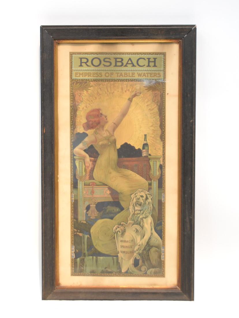 ART NOUVEAU "ROSBACH" TABLE WATER ADVERTISEMENT: DEPICTING BEAUTIFUL ART NOUVEAU WOMAN HOLDING DRINK UP TO SKY "ROSBACH" EMPRESS OF TABLE WATERS , WITH LION HOLDING SHIELD , PUBLISHED BY ROSBACH , LAMBETH , LONDON - HAS SOME PAPER DARKENING - IMAGE 