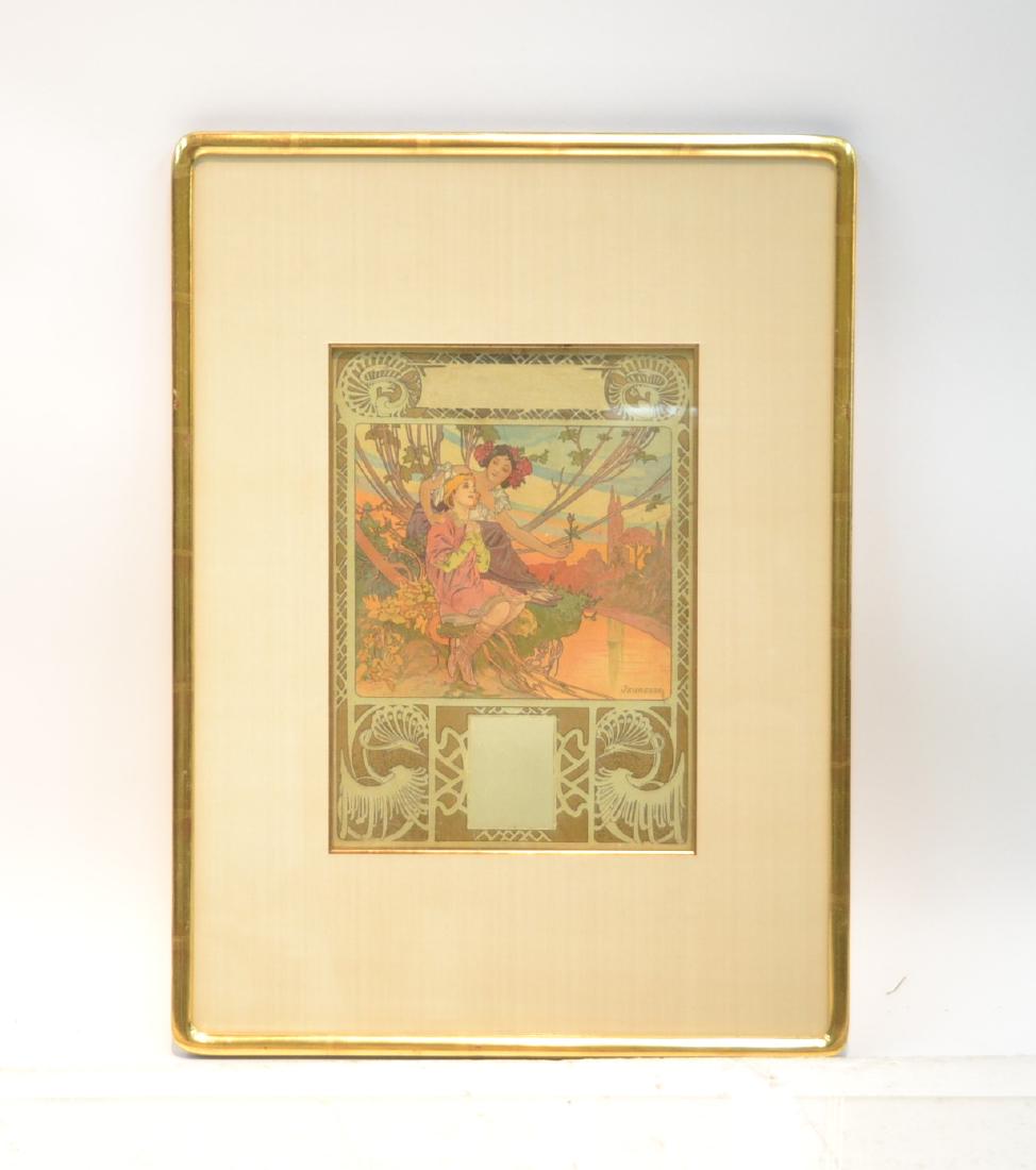 RARE ALPHONSE MUCHA (CZECH, 1860-1939): ADVERTISEMENT POSTER "JEUNESSE" WITH BLANK EMBLEMS; DEPCITING MAN & WOMAN IN COLORFULL LANDSCAPE , WITH PEACOCKS ON BORDER - 8 1/4" x 11 1/2" , 15" x 21" FRAMED