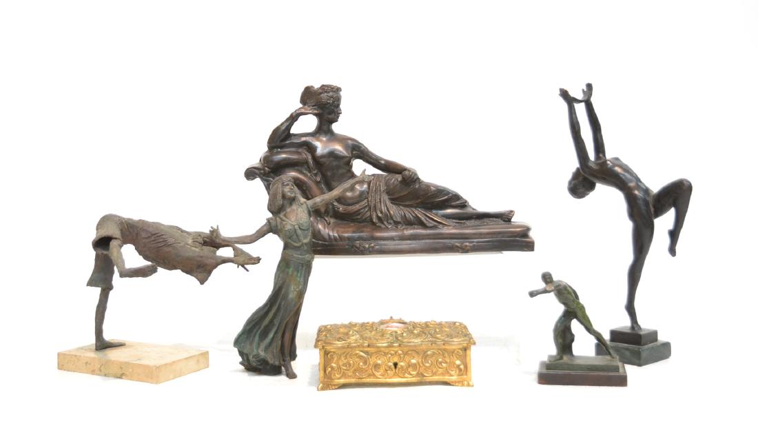 (6)pc BRONZE LOT - INCLUDING RECLINING WOMAN: DISCUS THROWER & BOX WITH CAMEO - LARGEST PIECE IS 13" x 3" x 8"