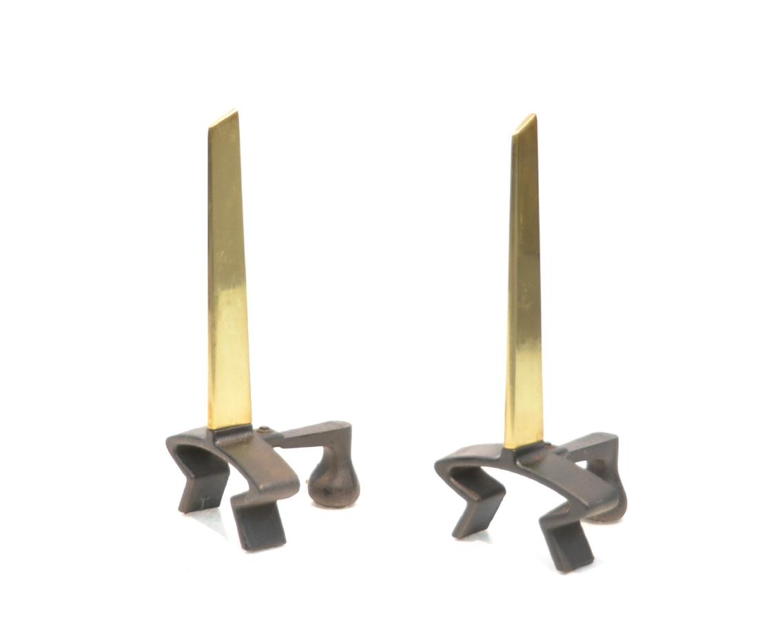 (Pr) ATTR. TO DONALD DESKEY / BENNETT ANDIRONS: ATTRIBUTED TO DONALD DESKEY / BENNETT , (Pr) CAST IRON & BRASS ANDIRONS - 9" x 7 1/2" x 19"