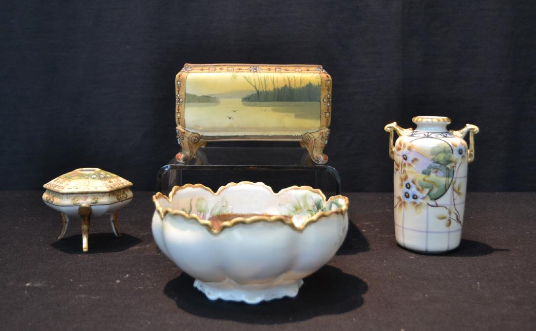 (4)pc ASSORTED NIPPON PORCELAIN TO INCLUDE: (2) BOWLS , VASES & COVERED BOX - LARGEST IS 7" x 4 1/2"