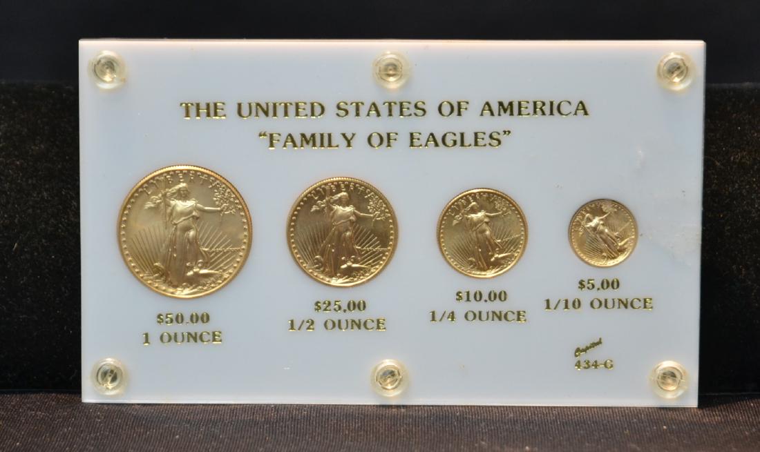 UNITED STATES (4) GOLD COIN SET "FAMILY OF EAGLES": THE AUGUSTUS SAINT GAUDENS GOLD COINS WITH MILEY BUSIEK EAGLES ; (4)pc GOLD PROOF COIN SET CONTAINS 1.8ozt OF GOLD CONTENT ; $50 1oz COIN, $25 1/2oz COIN, $10 1/4oz & $5 1/10oz