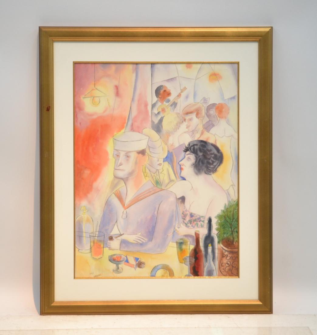 ATTRIBUTED TO GEORGE GROSZ , WATERCOLOR: ATTRIBUTED / STYLE OF GEORGE GROSZ (AMERICAN/GERMAN, 1893-1959) WATERCOLOR OF FIGURES WITH SAILOR AT BAR , DATED 1925 , "MATROSE IM NACHTLOCAL" , ON STRATHMORE WATERCOLOR PAPER