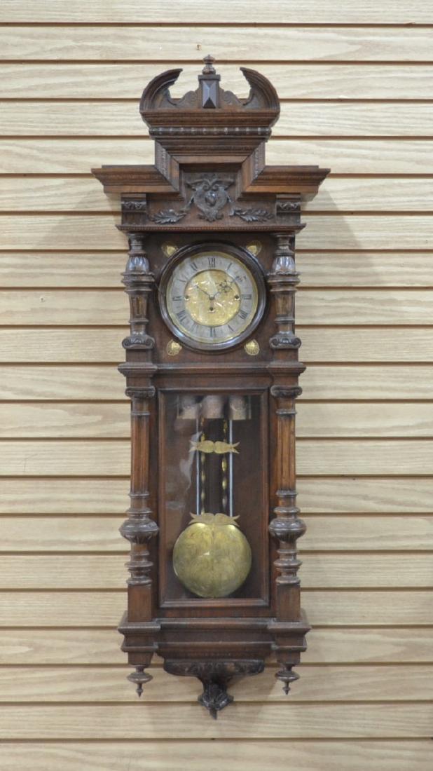 LARGE 3-WEIGHT DRIVEN CARVED WALNUT REGULATOR: 3-WEIGHT DRIVEN CARVED WALNUT REGULATOR WALL CLOCK WITH ENGRAVED WEIGHTS & PENDULUM - 18" x 9 1/2" x 51"
