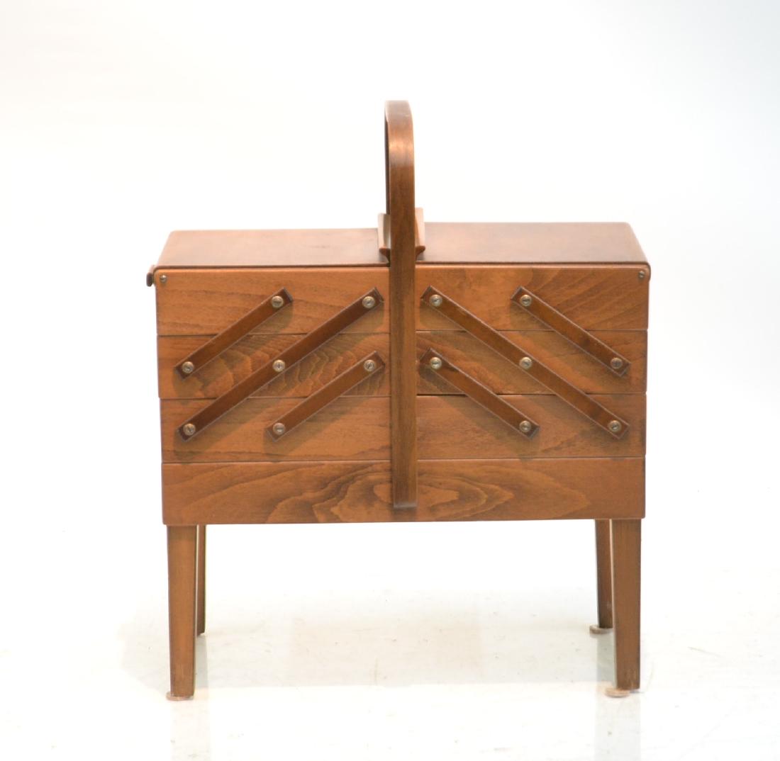 STROMMEN BRUK , NORWAY SEWING BOX: VINTAGE STROMMEN BRUK HAMAR EXPANDABLE SEWING BOX - 20" x 10 1/2" x 18"