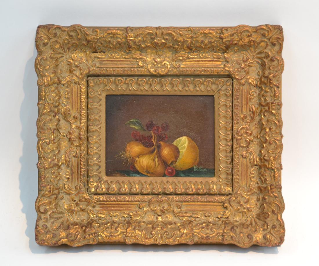 OIL ON PANEL STILL LIFE OF LEMONS , CHERRIES: & ONIONS , SIGNED WOLLMER , LOWER RIGHT - 7" x 5 1/2" , 14 1/2" x 13" OVERALL