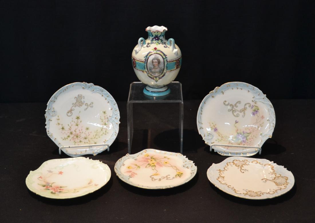 (4) LIMOGES PORCELAIN PLATES - 8 1/4" &: EARLY NIPPON (NPSK) PORTRAIT VASE - 5" x 7" NPSK stands for Nagoya Potteries Shippo Kaisha ; PRE - NIPPON