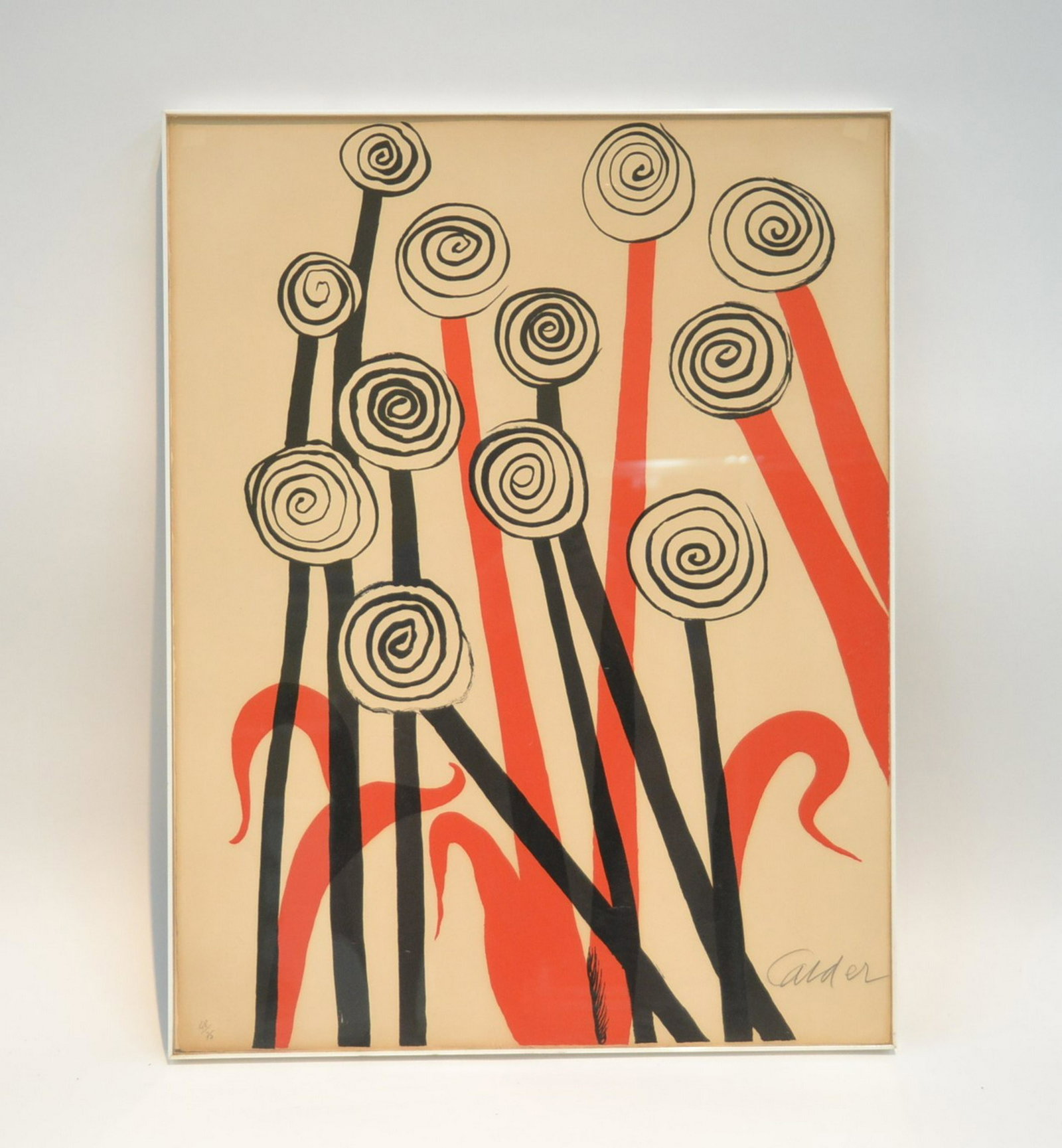 ALEXANDER CALDER (AMERICAN, 1898-1976): COLORED LITHOGRAPH ABSTRACT OF FLOWERS / BALLOONS , HAND ISGNED CALDER LOWER RIGHT , NUMBERED 68/75 - 26" x 20" OVERALL