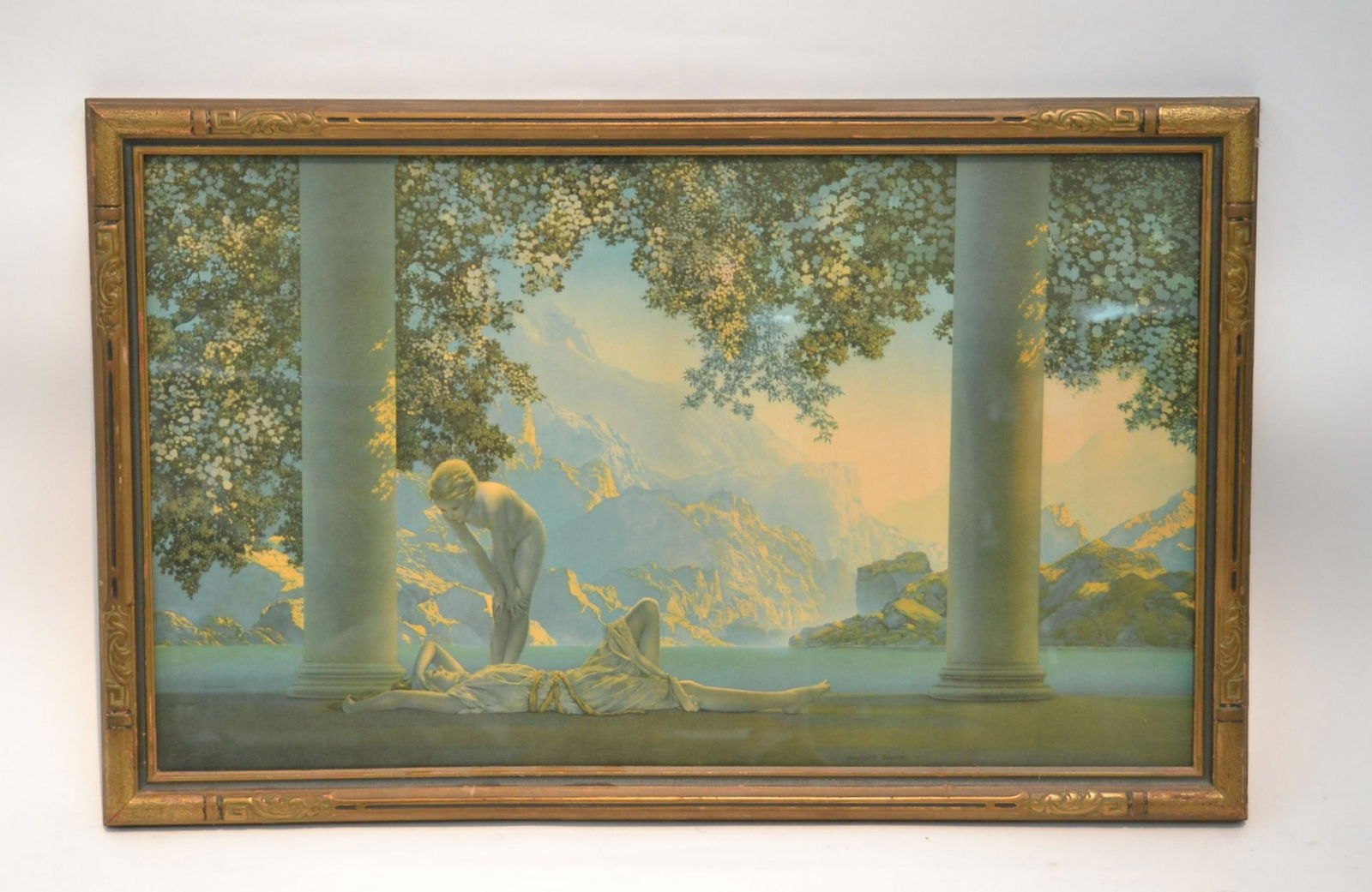 ORIGINAL MAXFIELD PARRISH "DAYBREAK" PRINT: BY HOUSE OF ART , MAXFIELD PARRISH (1870-1966) IN ORIGINAL FRAME - 33" x 21" OVERALL