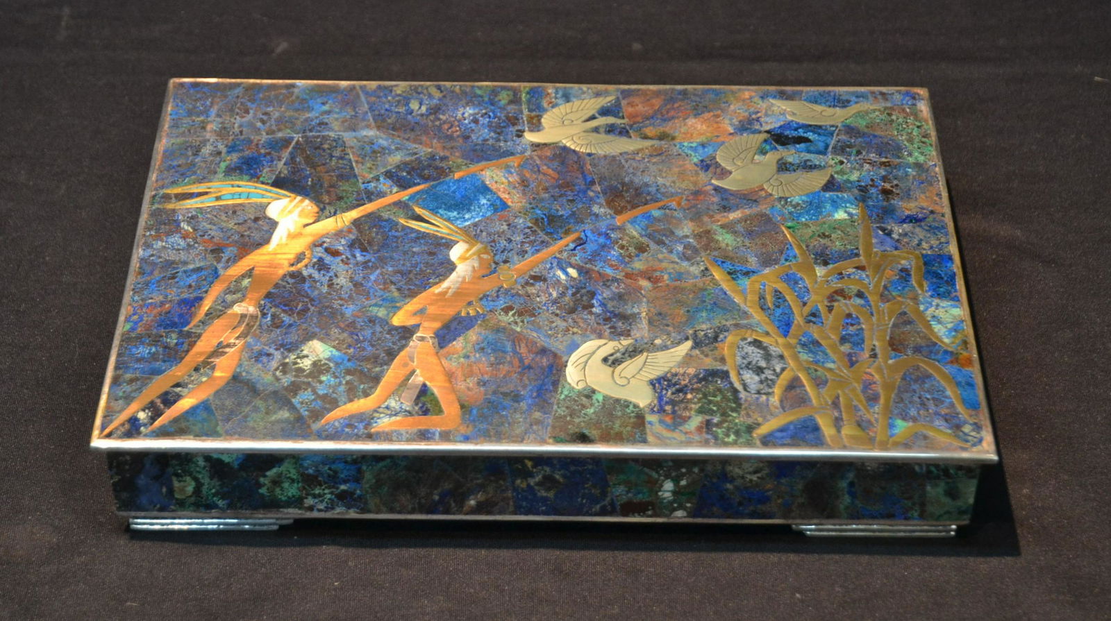 LARGE LOS CASTILLO , INLAID MIXED METAL BOX: WITH MALACHITE TOP WITH INLAID METAL HUNTERS WITH BIRDS , MARKED TAXCO LOS CASTILLO , MEXICO - 12" x 8 1/4" x 2"
