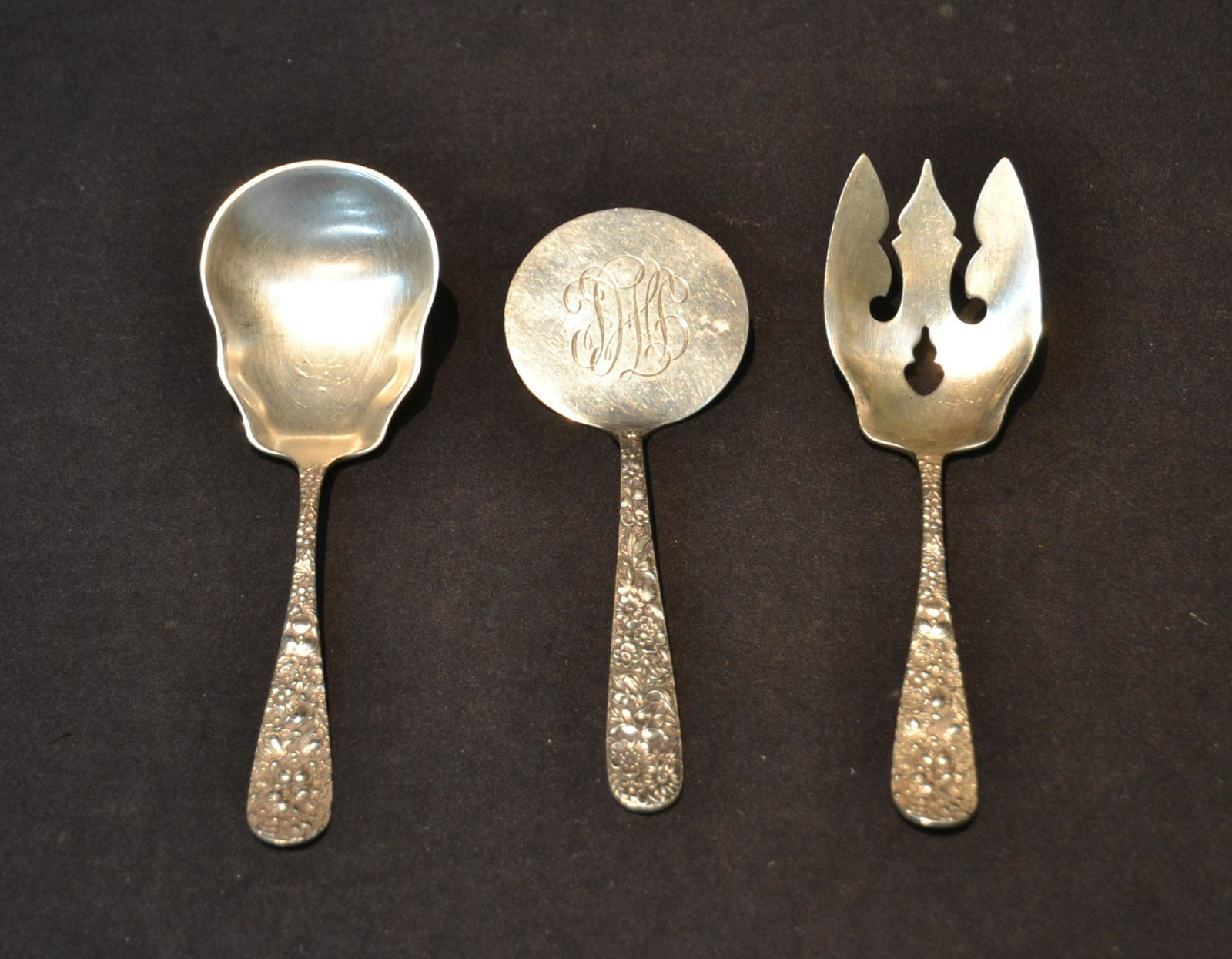STERLING REPOUSSE SERVING PIECES: INCLUDING (2) STEIFF & S. KIRK & SON - 9.12ozt ; 8" LONG