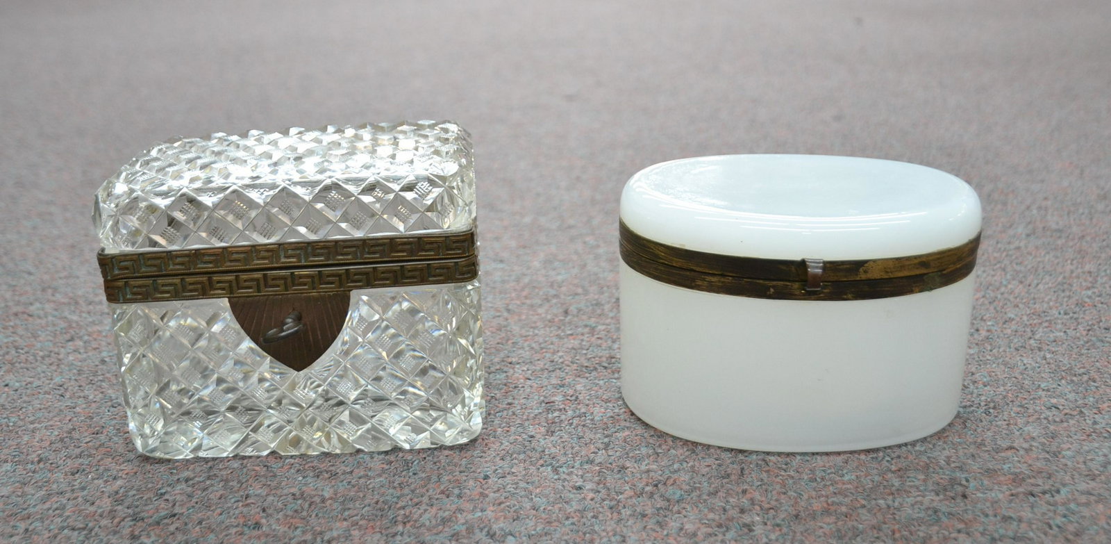 ANTIQUE CUT GLASS BOX & OPALINE GLASS BOX: 6" x 4 1/2" x 3 3/4"