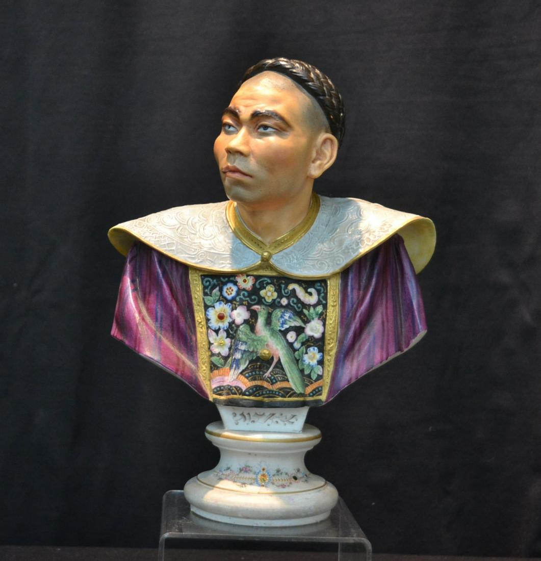 PAINT FRENCH BISQUE PORCELAIN BUST: OILY PAINTED BISQUE BUST OF ASIAN MAN IN ELABORATE COSTUME WITH BIRDS & BUTTERFLIES , POSSIBL GEORGE JONES - 9" x 6 1/2" x 12"