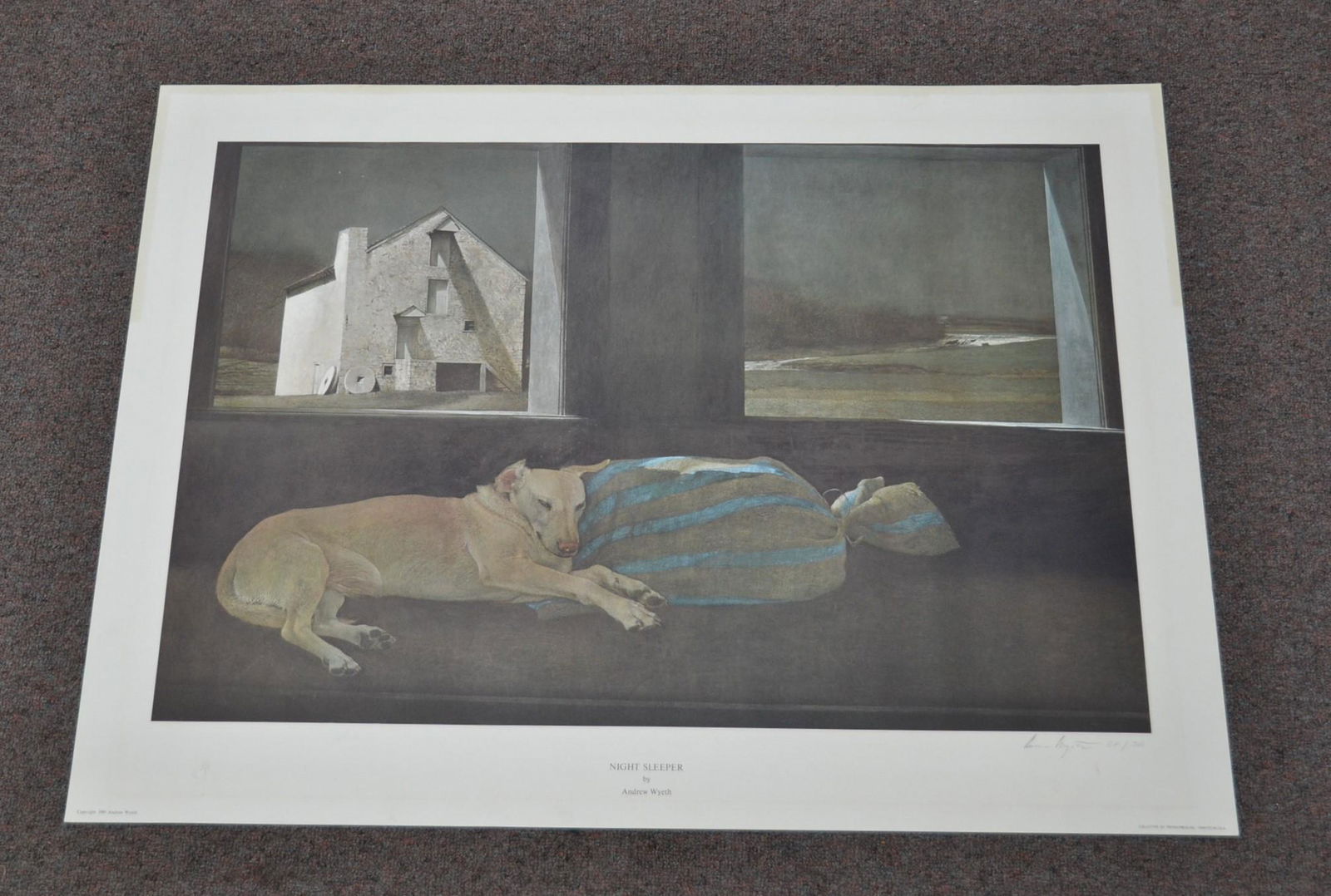 ANDREW WYETH (PA/ME, 1917-2009) "NIGHT SLEEPER": PENCIL SIGNED COLLOTYPE PRINT , HAND SIGNED IN PENCIL ANDREW WYETH & NUMBERED 87/300 - 34 1/2" x 25"