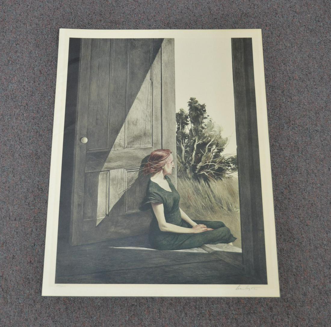 ANDREW WYETH (PA/ME, 1917-2009) PENCIL SIGNED: PRINT OF "MISS OLSON SITTING ON DOORSTEPS" , HAND SIGNED ANDREW WYETH - 20" x 26" UNFRAMED