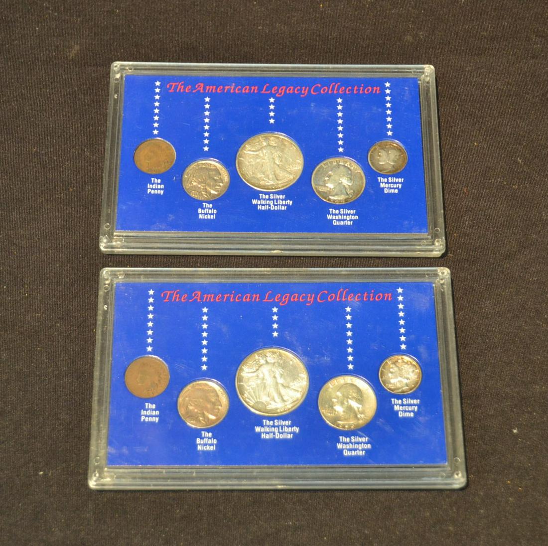 (2) AMERICAN LEGACY COLLECTION PROOF SETS: INCLUDING INDIAN PENNY, BUFFALO NICKEL, SILVER WALKING LIBERTY 1/2 DOLLAR , SILVER WASHINGTON QUARTER & SILVER MERCURY DIME - OVERALL IS 6" x 4"