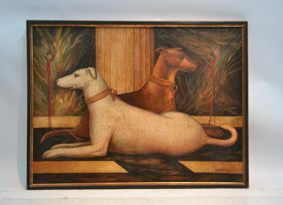LARGE OIL ON CANVAS OF WHIPPETS , SIGNED CUMMINGS: LARGE OIL ON CANVAS OF RECLINING WHIPPET DOGS , SIGNED CUMMINGS , LOWER RIGHT - 47" x 36" , 50" x 38" OVERALL