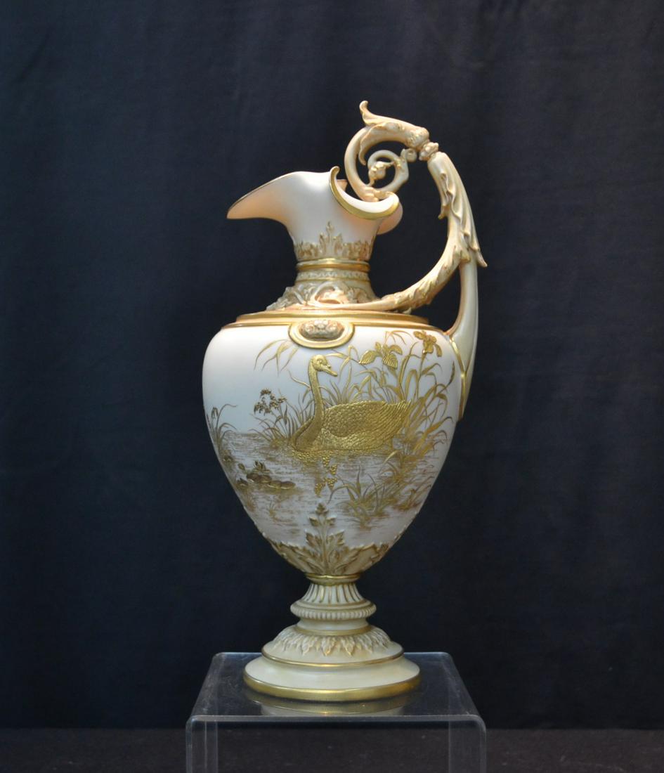 ROYAL WORCESTER EWER WITH RAISED GOLD: DECORATIONS OF SWANS IN MARSH - 6 1/2" x 13"