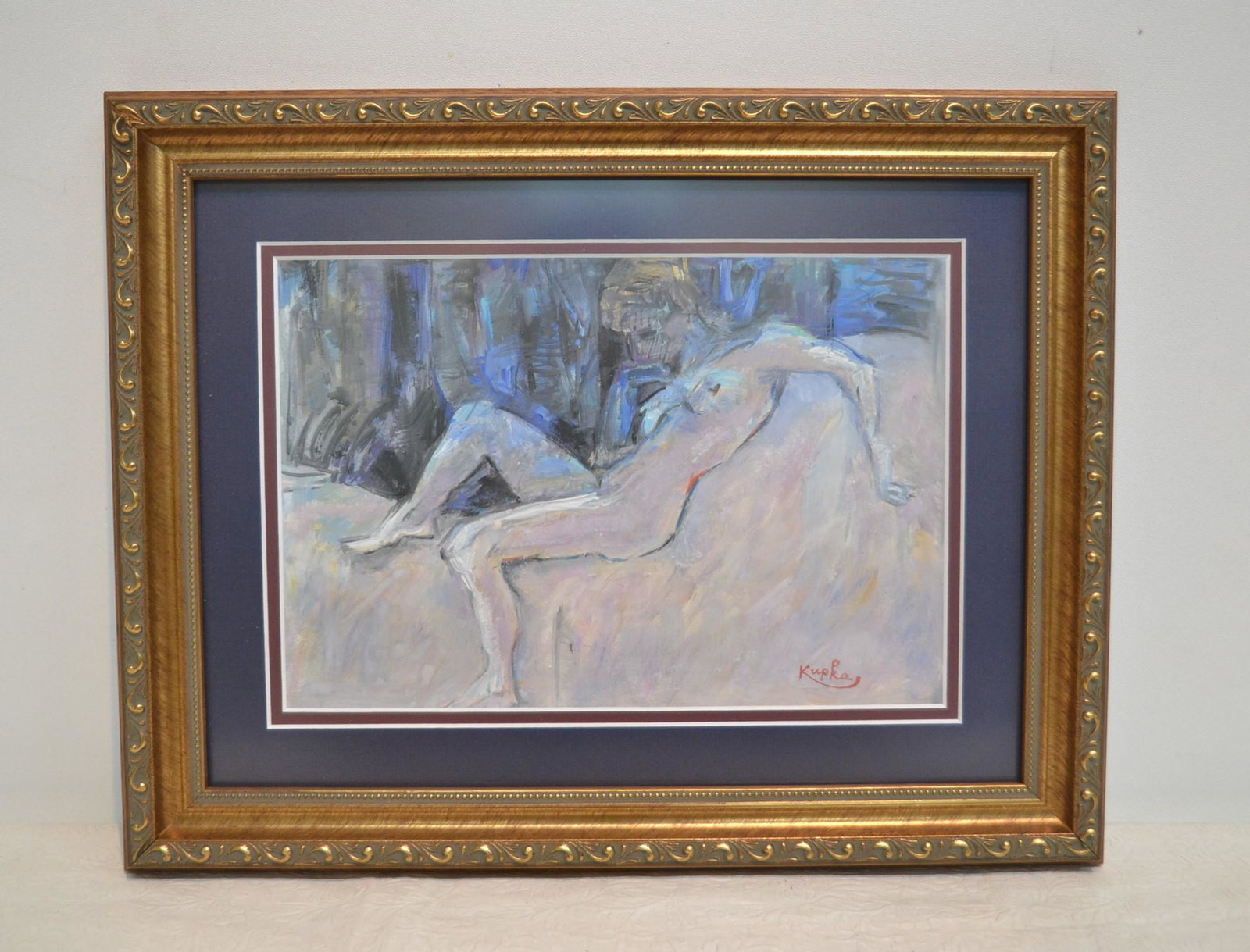 ATTRIBUTED TO FRANK KUPKA (CZECH,1871-1957): GOUACHE ON PAPER OF RECLINING FEMALE NUDE , SIGNED KUPKA , LOWER RIGHT , ATTRIBUTED TO FRANTISEK KUPKA - 10 3/4" x 7 1/2" ; 16" x 12 1/2" FRAMED
