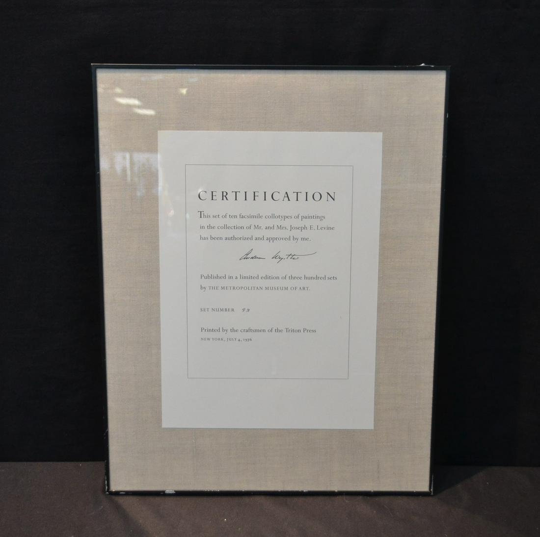 AFTER ANDREW WYETH (AMERICAN, 1917-2009): METROPOLITAN MUSEUM OF ART PORTFOLIO, FRAMED SET OF (10) FACSIMILE COLLOTYPES OF ANDREW WYETH PAINTINGS TO INCLUDE AFTERNOON FLIGHT; CANADA: CHRISTINA'S TEA POT; CIDER BARREL; END OF OLSONS; FENCE LIN