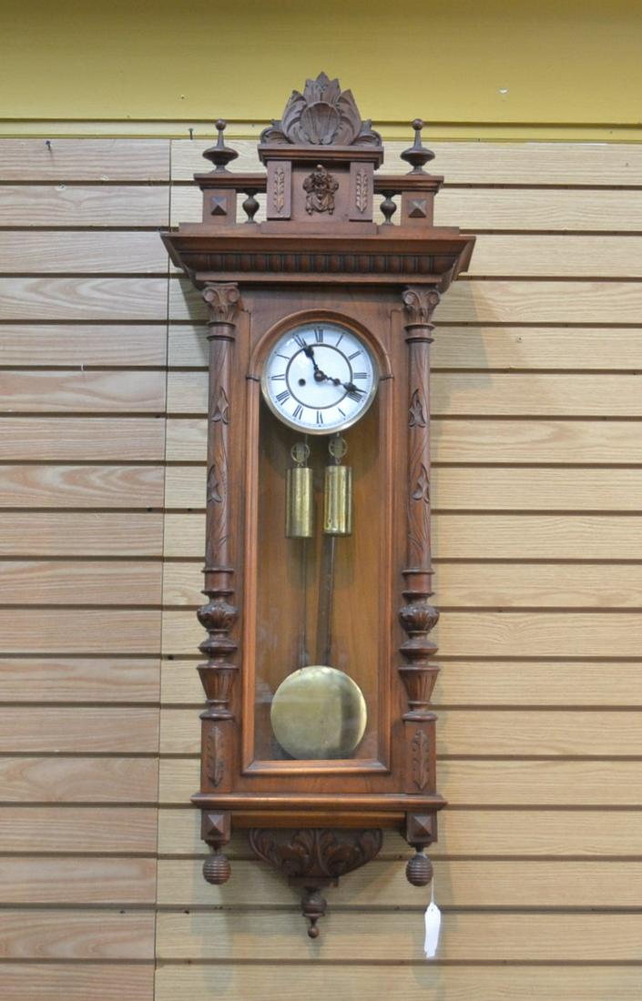 2-WEIGHT DRIVEN GERMAN REGULATOR WALL CLOCK: 18 1/2" x 8 1/2" x 51" DOOR HAS CRACKS)