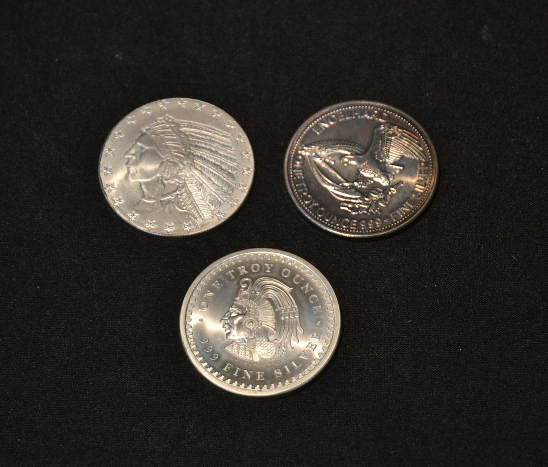 (3) FINE SILVER COINS INCLUDING INDIAN HEAD SILVER: BULLION , THE AMERICAN PROSPECTOR & AZTEC CALENDAR SILVER COIN