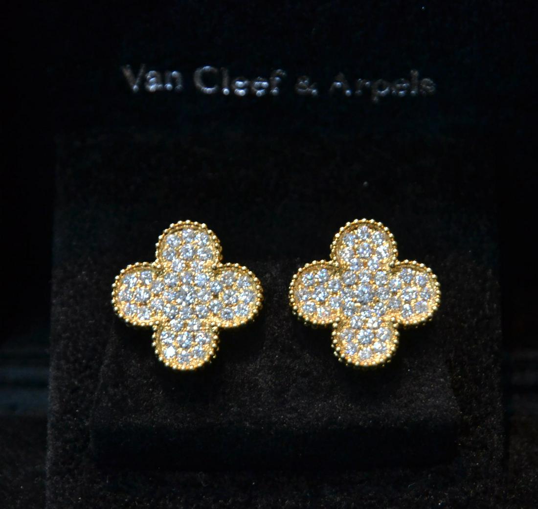 VAN CLEEF & ARPELS , (Pr) 18kt ALHAMBRA EARRINGS: (Pr) 18kt VAN CLEEF & ARPELS "ALHAMBRA" DIAMOND EARRINGS - 7.7grams ; 3/4"