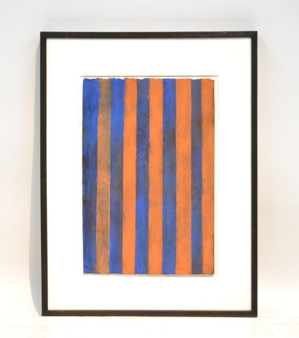 ATTR. SOL LEWITT (AMERICAN, 1928-2007): ATTRIBUTED TO SOL LEWIIT , ACRYLLIC ON PAPER OF STRIPES , SIGNED S. LEWIIT , IN PENCIL ON BOTTOM & BACK - 15" x 23" , 25" x 33" FRAMED