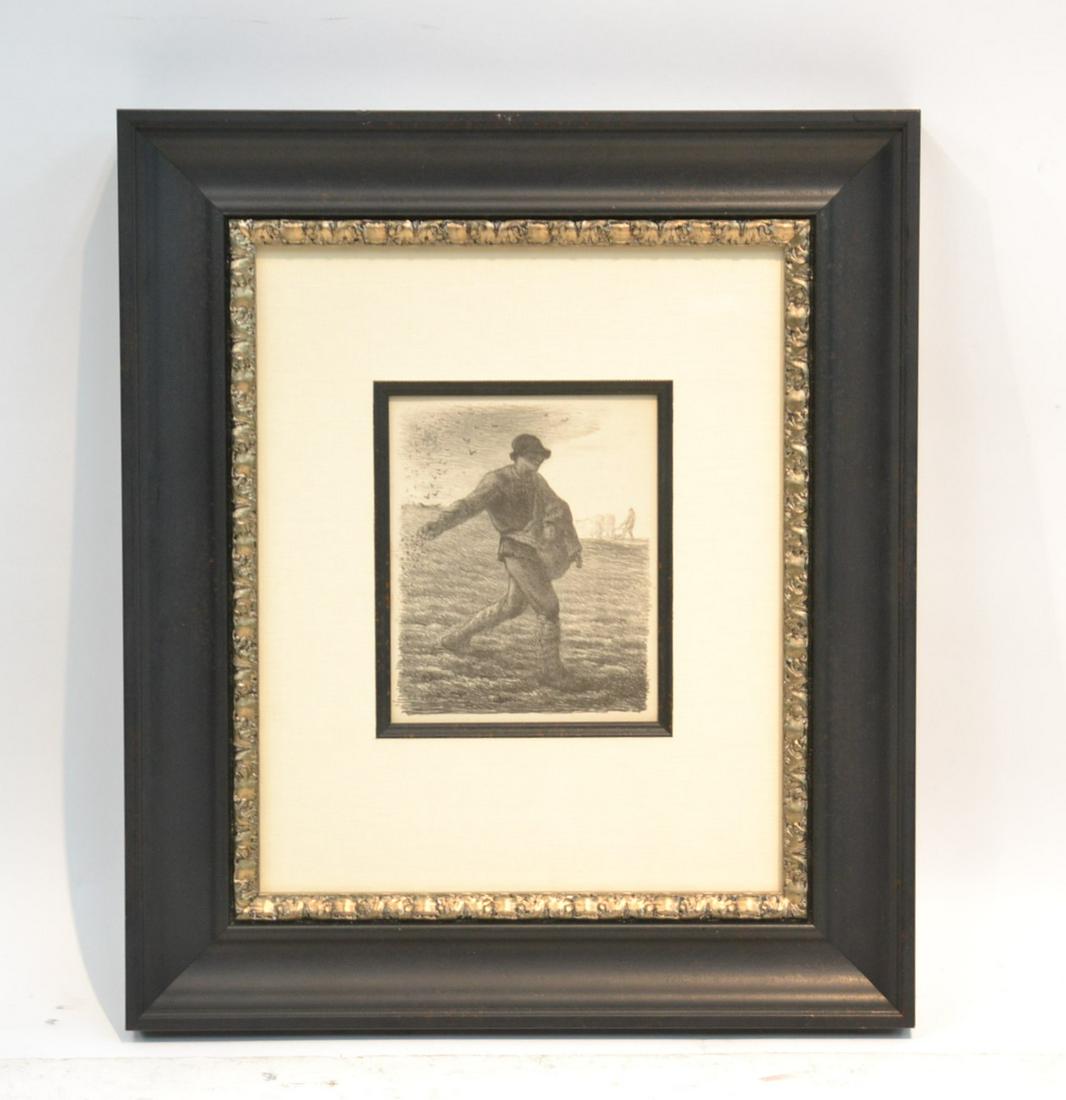 AFTER JEAN FRANCOIS MILLET (FRENCH,1814-1875): ETCHING OF MAN PLANTING SEEDS IN FIELD , UNSIGNED - 6 1/2" x 8" ; 19" x 22" FRAMED