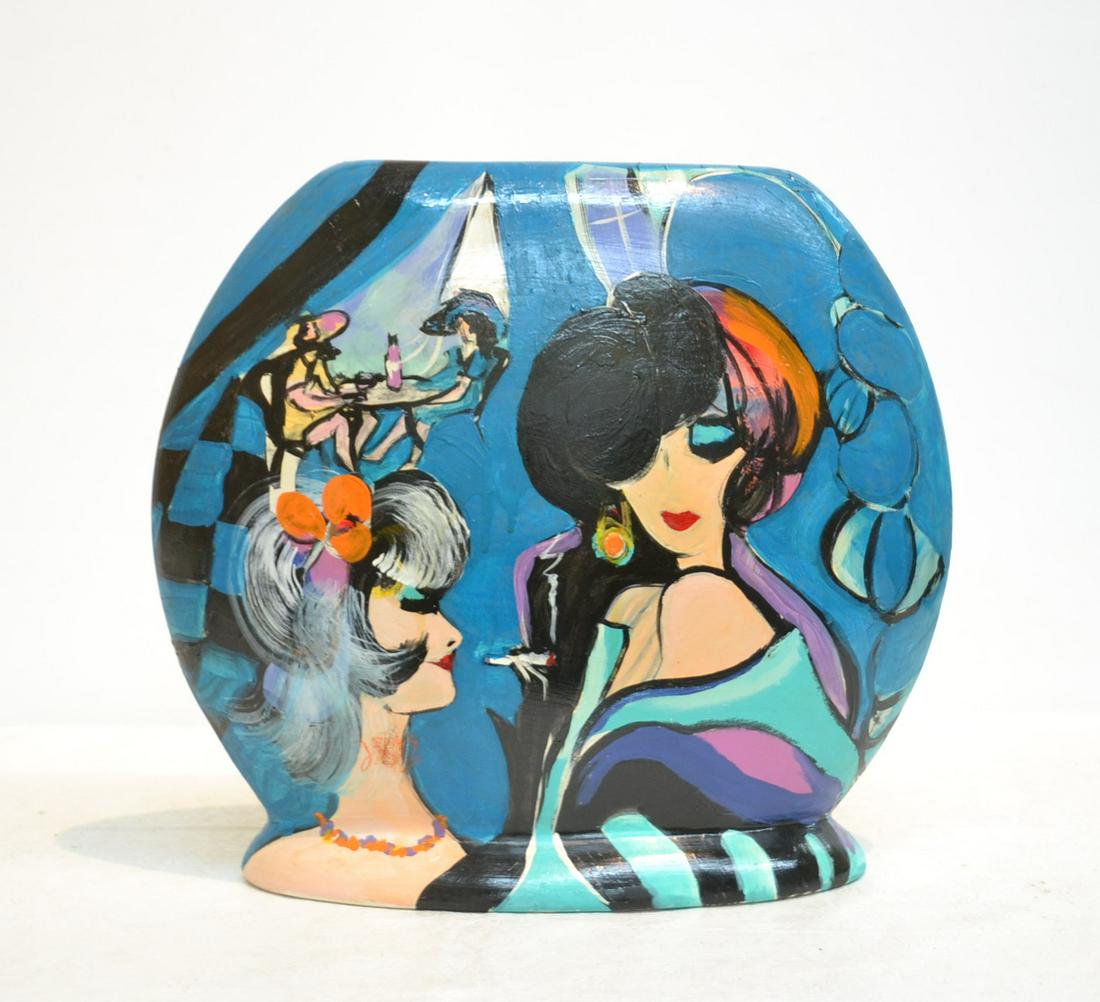 RAY JOHNSON , HAND PAINTED CERAMIC VASE: WITH CAFE SCENE , SIGNED RAY JOHNSON, HAND SIGNED ON BOTTOM, TITLED "CAFE" , NUMBERED 7/93 -17" x 4" x 15"
