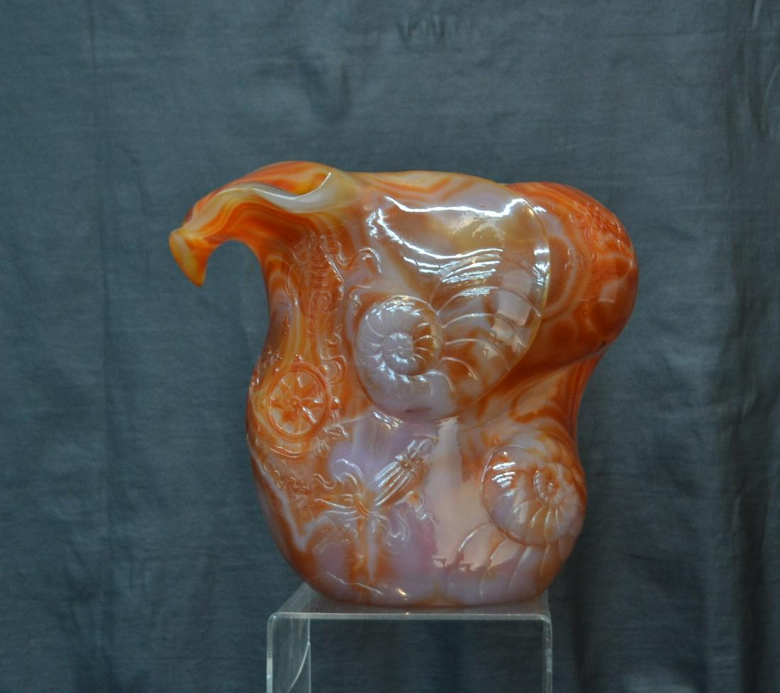 LARGE CARVED CARNELIAN - AGATE SHELL FORM VASE: 11" x 10" x 10"