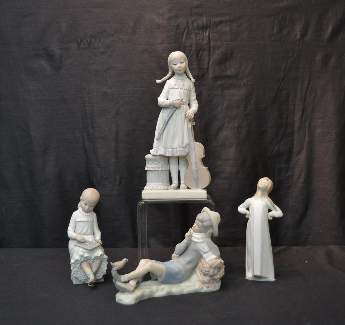 (4) MATTE LLADRO & NAO FIGURINES: LLADRO RECLINING BOY , LLADRO GIRL WITH BRAIDS (HAS REPAIR) , NAO GIRL & LLADRO GIRL - 5" x 12"