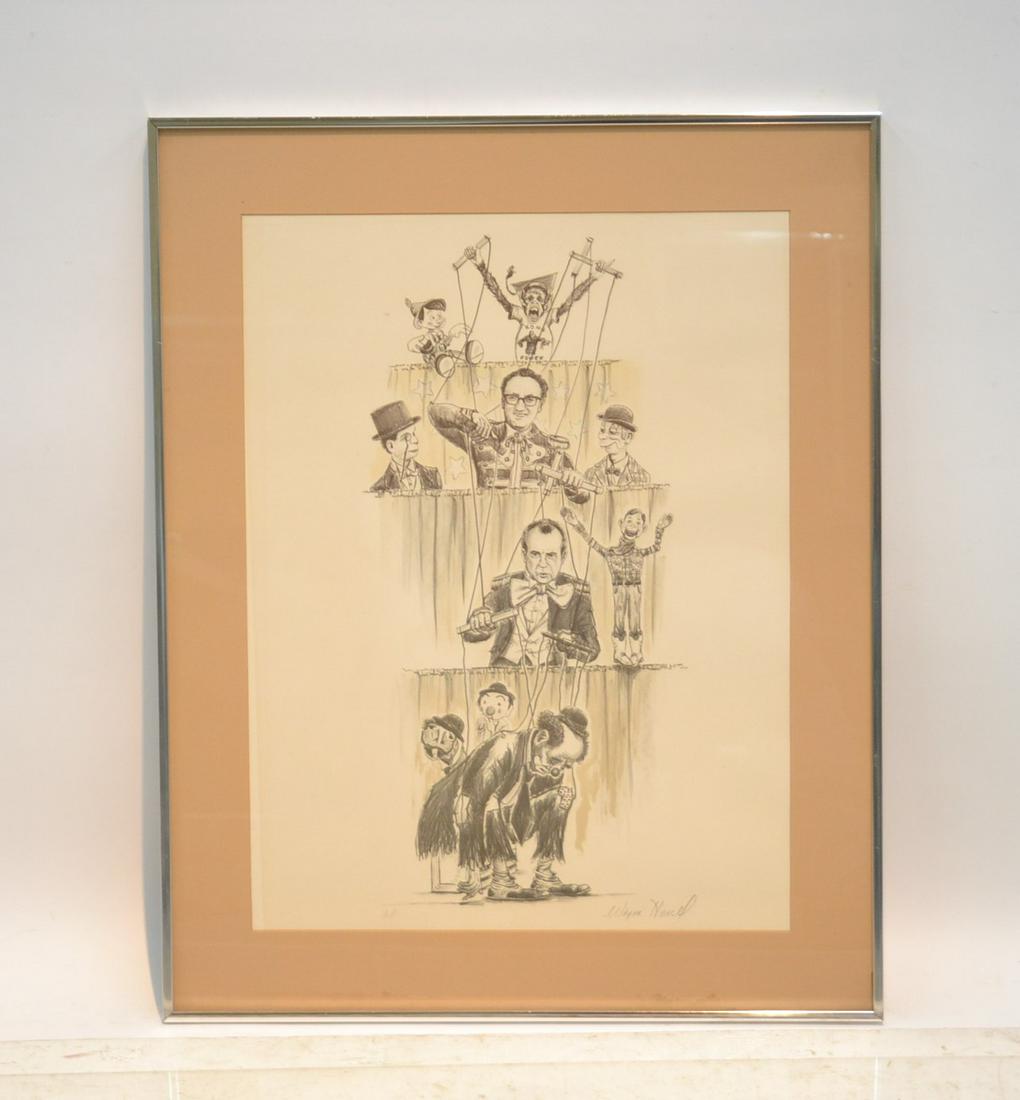 WAYNE HOWELL , CARTOON ILLUSTRATION LITHOGRAPH: DEPICTING MONKEY PULLING THE STRINGS OF KISSINGER , NIXON & CLOWN , HAND SIGNED WAYNE HOWELL , A/P LITHOGRAPH - 18" x 24" , 24" x 30" OVERALL