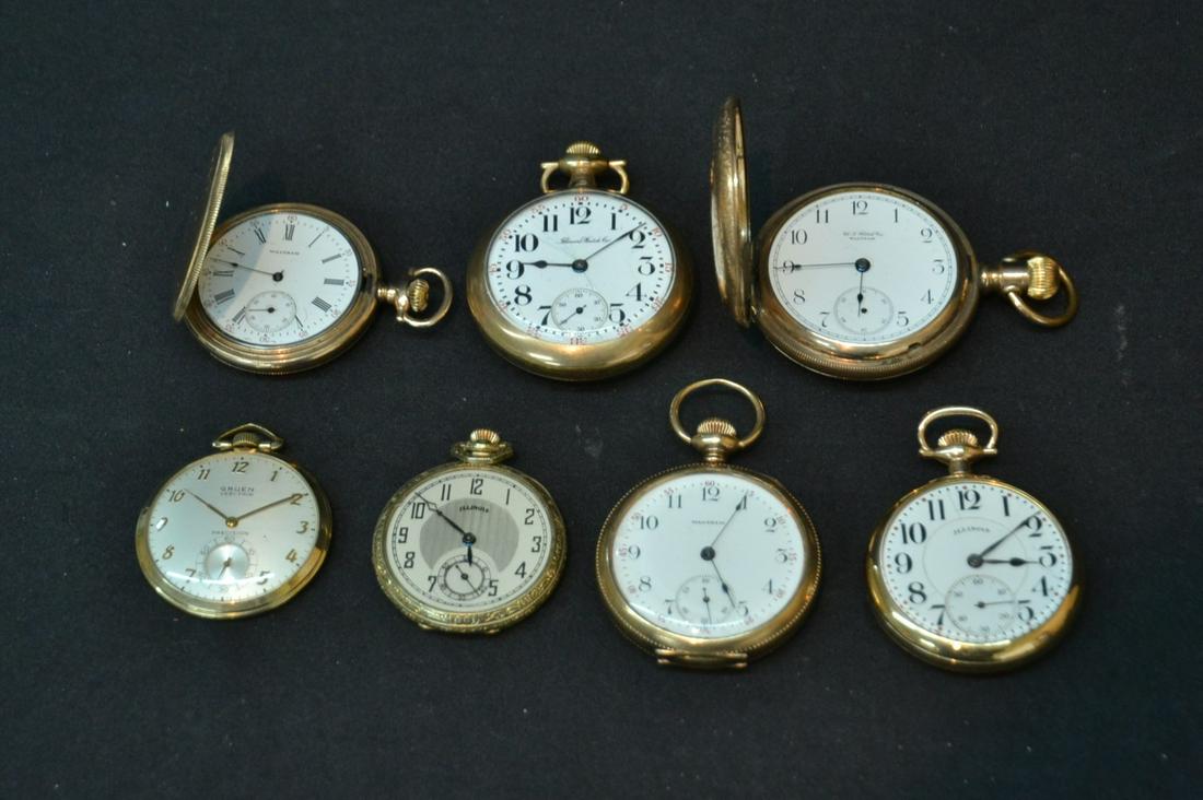 (7) GOLD FILLED POCKETWATCHES INCLUDING: (3) ILLINOIS (ONE MISSING GLASS) , (3) WALTHAM (ONE MISSING GLASS & GRUEN