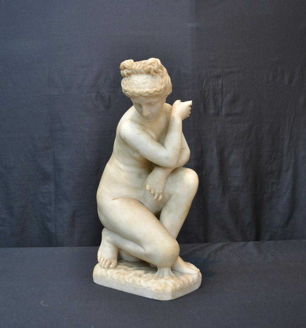 CARVED ALABASTER FEMALE NUDE STATUE: (NEEDS CLEANING & FINGERS LOSS) - 10 1/2" x 11" x 21"