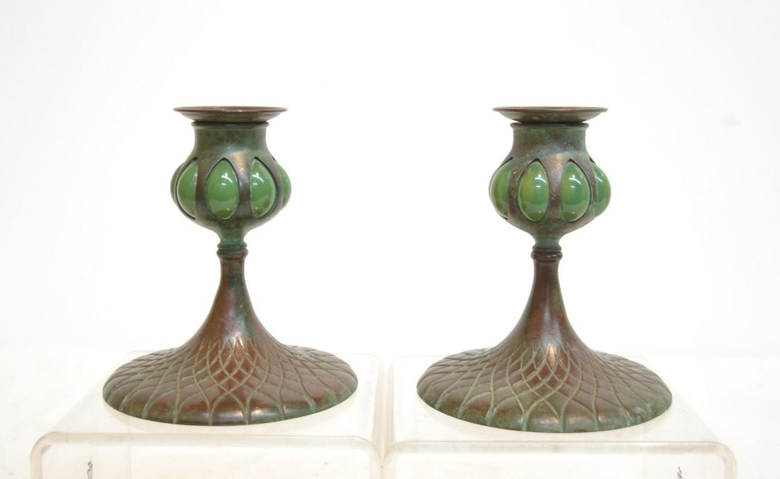 (Pr) TIFFANY STUDIOS STYLE CANDLESTICKS: WITH GREEN GLASS INSERTS - 5" x 5 1/2"