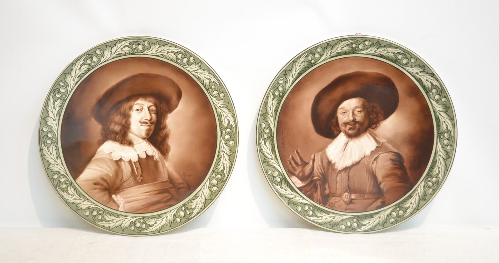 (Pr) LARGE PORCELAIN DELFT CHARGERS: OF CAVALIERS , SIGNED NACH FRANZ HALS & MUNDT -20" D