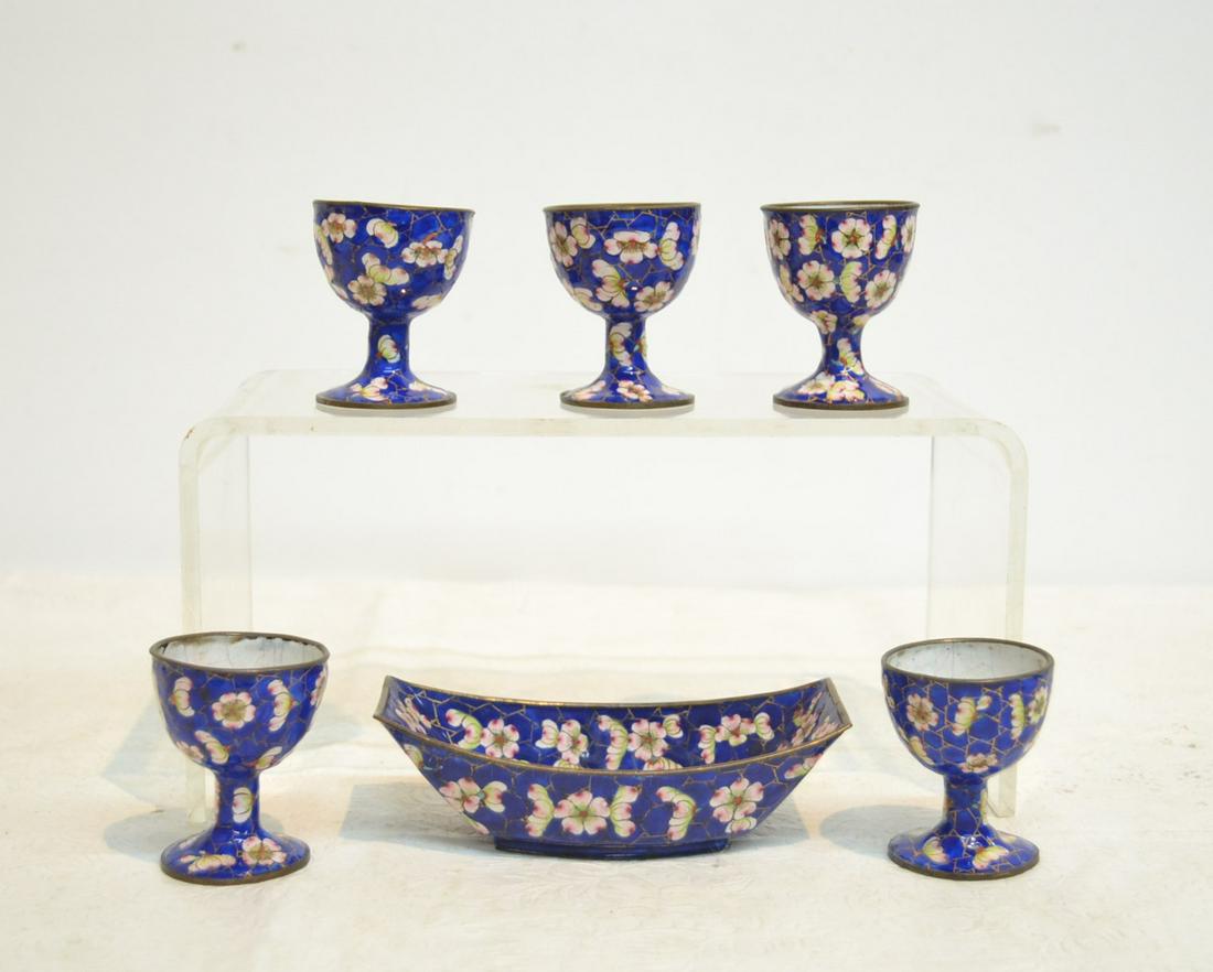 (5) CLOISONNE EGG CUPS & DISH: DISH IS 5 1/2" x 2 1/2" x 1 1/2"