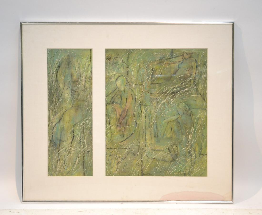 HARRIET KLINE (AMERICAN, b. 1916) WATERCOLOR: COLLAGE WITH SHREDDED MONEY , TITLED "TENDER FORMS II" - 37" x 32" , WITH INFO ARTIST LABEL INVERSO