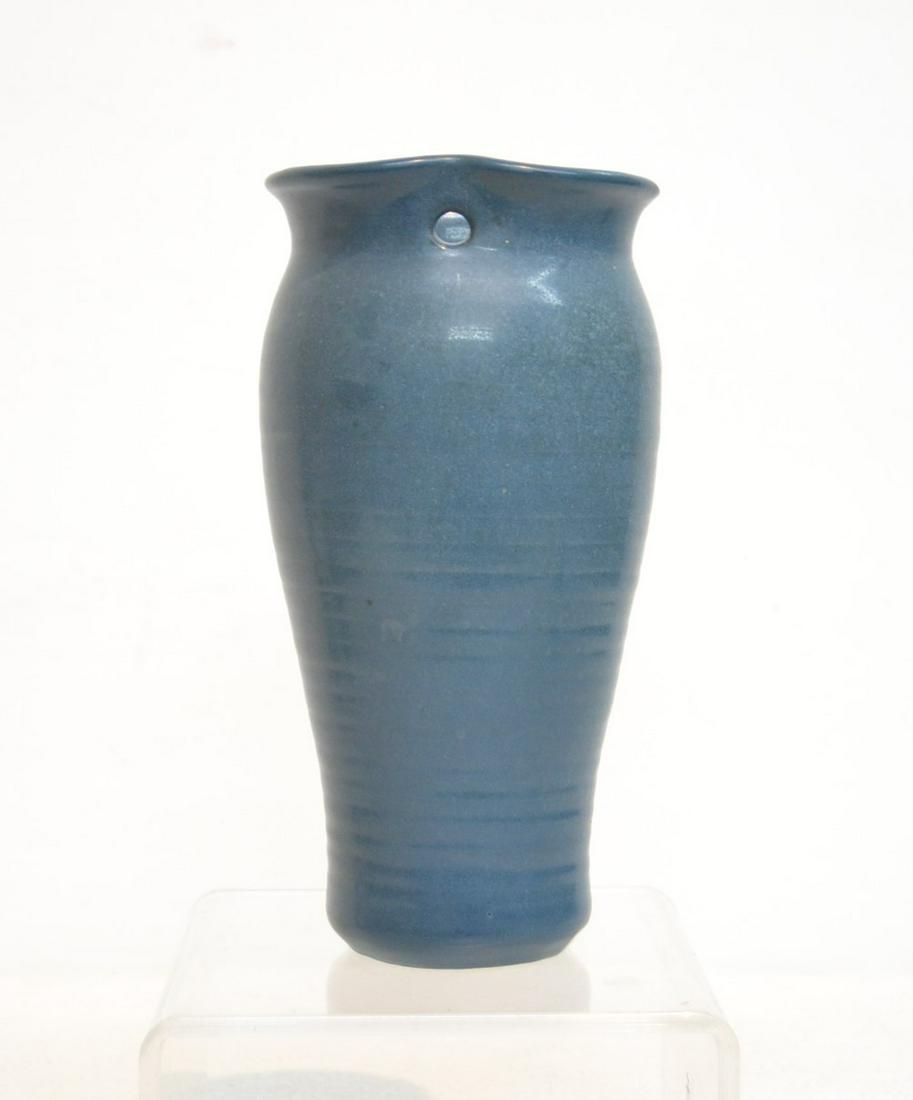 MARBLEHEAD ART POTTERY WALL POCKET: DARK BLUE MARBLEHEAD ART POTTERY VASE WITH RUFFLED RIM , INCISED MP , WITH SHIP MARK - 5" x 8 1/2"