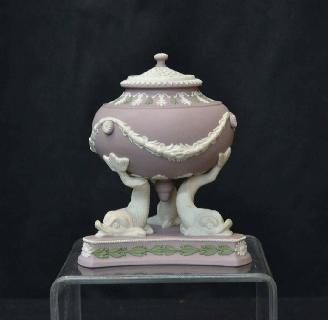 WEDGWOOD TRICOLOR PASTILLE BURNER: Wedgwood tricolor Pastille Burner, "The St James Collection of Wedgwood Limited Editions Pastille Burner in lilac, sage green and white Jasper No 43 in a limited edition of 100 Wedgwood Made in Englan