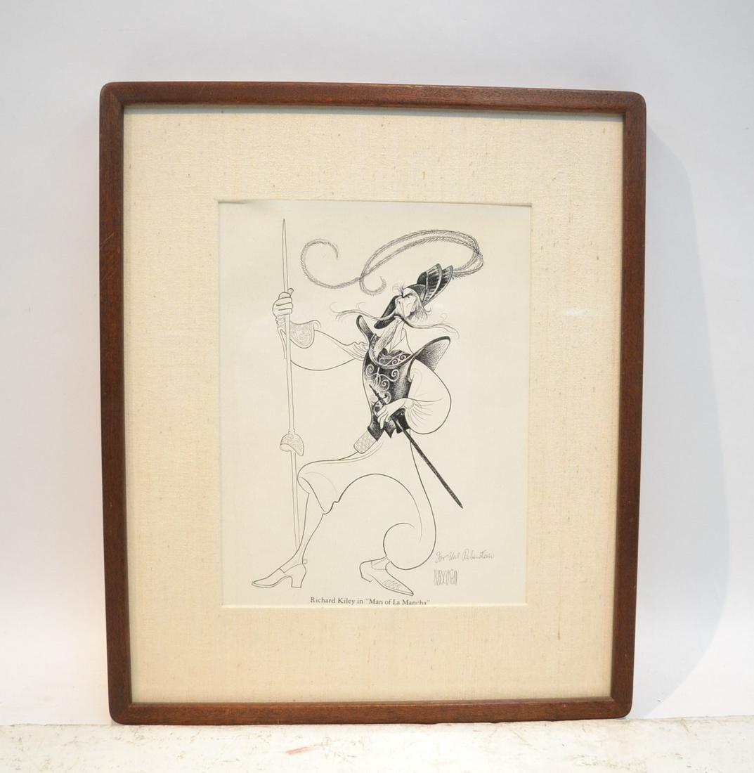 AL HIRSCHFELD (AMERICAN,1903-2003): HAND SIGNED PAGE FROM HIS BOOK , Hirschfeld by Hirschfeld (Dodd Mead 1980) INSCRIBED RICHARD KILEY IN "MAN OF LA MANCHA" , WITH NINA INSCRIBED ON HIS SHIRT , WITH MARGO FEIDEN GALLERIES LABEL INVERSO 