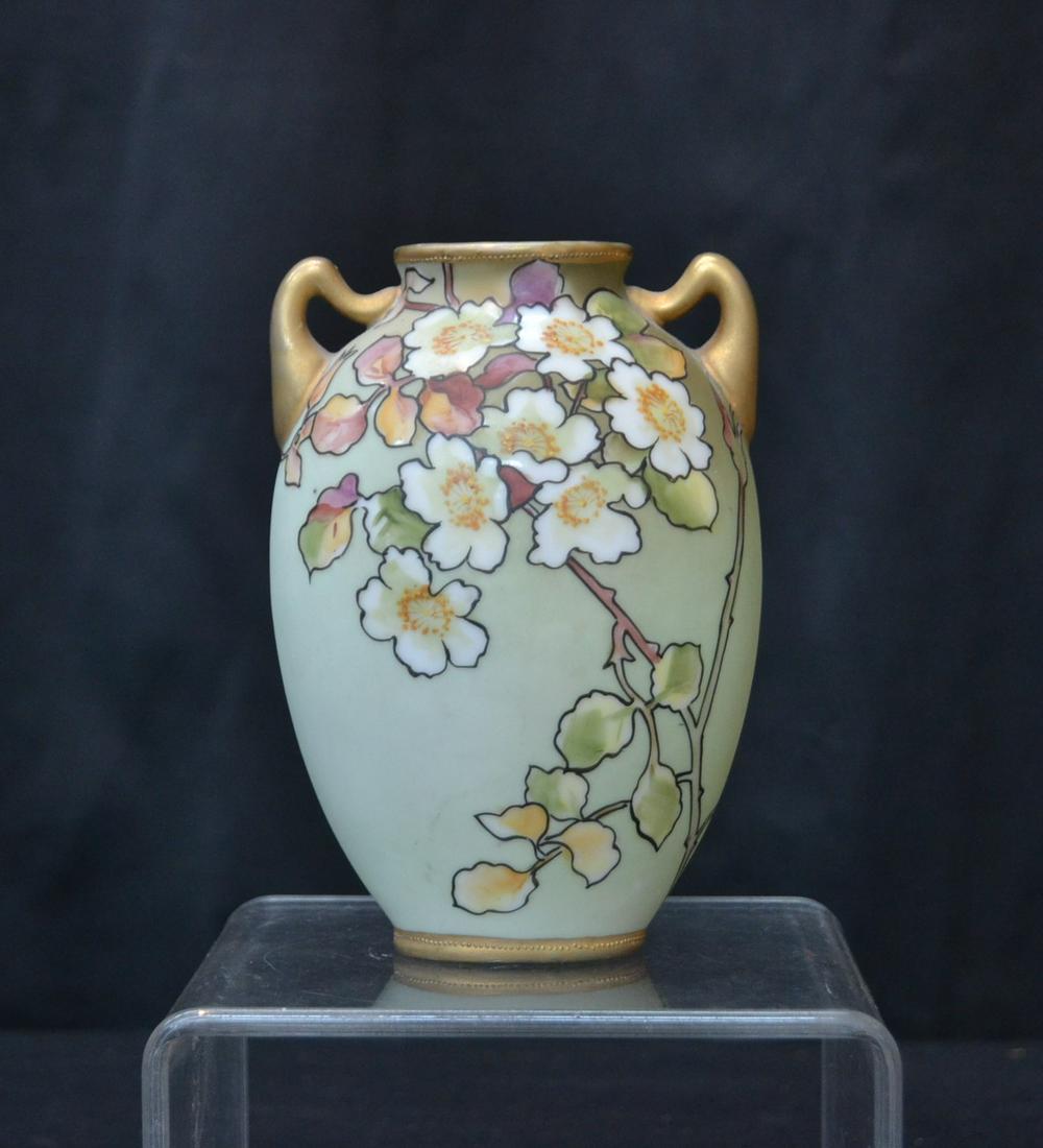 HAND PAINTED NIPPON VASE WITH FLOWERS: 4 1/2" x 3 1/2' x 6"