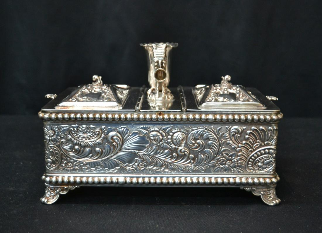 UNUSUAL TORONTO cO. EMBOSSED SILVER PLATE HUMIDOR: WITH CIGAR CUTTER ON TOP , TORONTO COMPANY QUADRUPLE PLATE - 9 1/2' x 6" x 7"