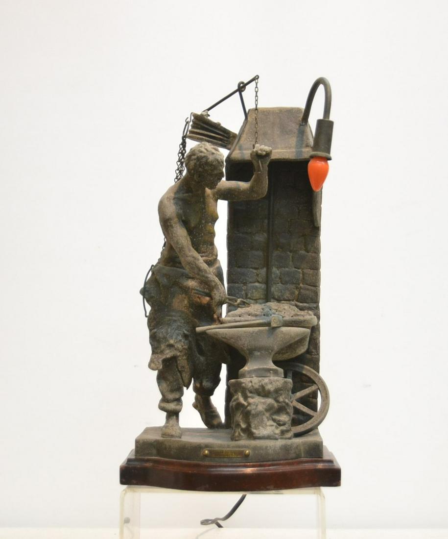 AFTER ROUSSEAU , SPELTER FIGURAL LAMP: OF BLACKSMITH , TITLED " LA VEILLEE DU FORGERON" E. ROUSEAU , WITH FRENCH FOUNDRY - 9 1/2" x 9" x 17" (SOME PATINA WEAR)