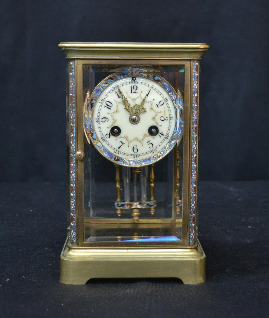 FRENCH BRONZE & CRYSTAL CHAMPLEVE REGULATOR: WITH CHAMLEVE ENAMEL FACE DECORATED WITH FLOWERS ; HAVING MEDAILLE D'ARGENT MOVEMENT - 5" x 4 1/2" x 8 1/2"