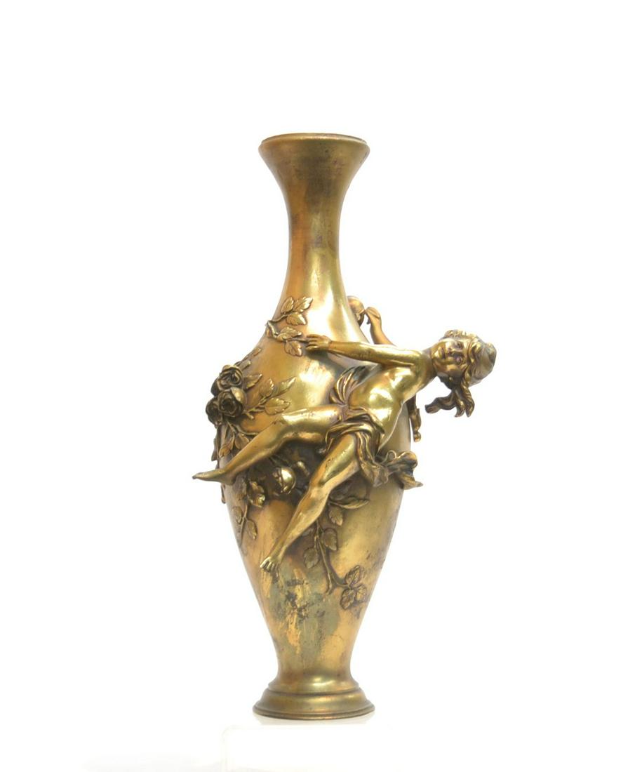 AUGUSTE MOREAU , LARGE BRONZE VASE WITH: RAISED RELEIF CHILD & ROSES , SIGNED AUG. MOREAU - 11" x 8" x 19 1/2"