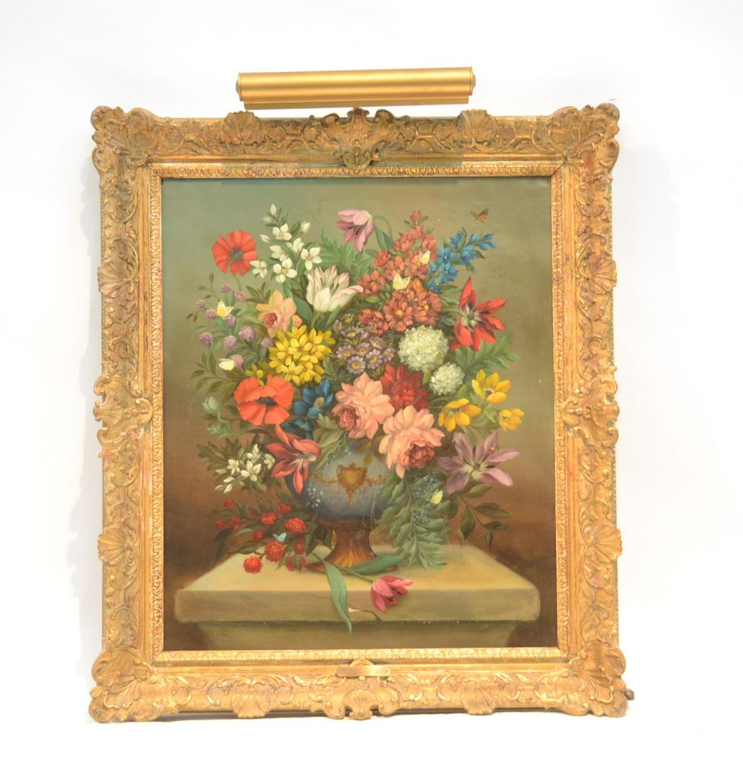 ATTRIBUTED TO JAN VAN DOUST (DUTCH,1794-1846): DUTCH SCHOOL ON CANVAS FLORAL STILL LIFE , SIGNED JAN VAN DOUST , LOWER RIGHT , SET IN PERIOD GILT FRAME (SOME MINOR PAINT LOSS) 25" x 30" , 32" x 38" OVERALL