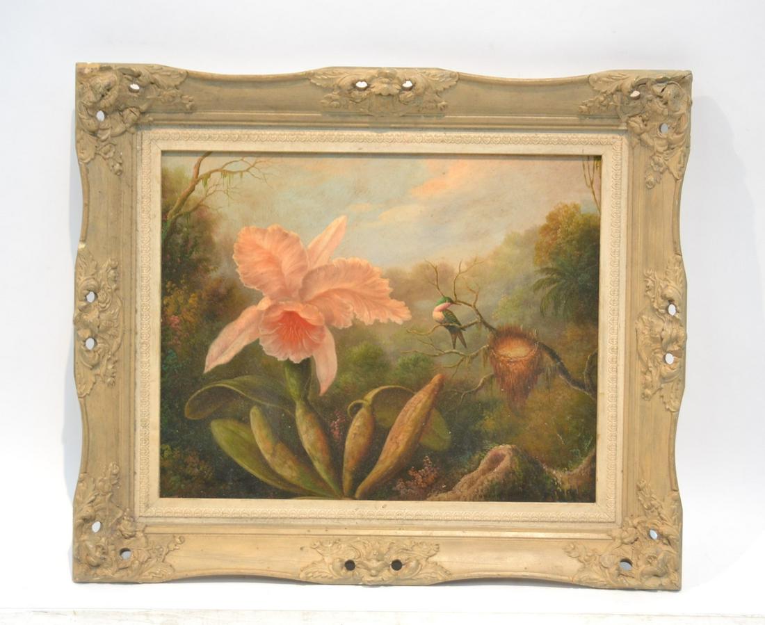 AFTER MARTIN JOHNSON HEADE (AMERICAN, 1819-1904): OIL ON CANVAS OF HUMMINGBIRD IN FLOWER ORCHID , SIGNED M.J. HEADE , LOWER RIGHT , ON F.W. DEVOE & Co. NEW YORK CANVAS - CANVAS IS 20" x 15" ; 27" x 22" FRAMED